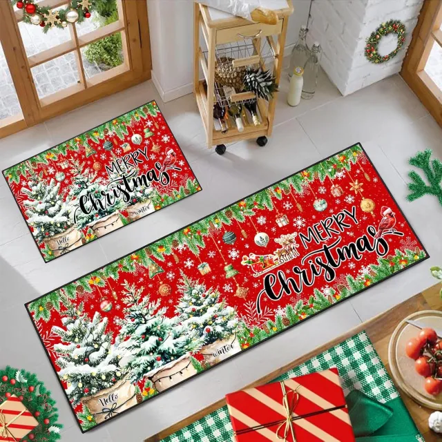 YAGXIG Kersttapijt - Vrolijk kerstkeukentapijt en mat 2-delige set - Decoratieve keukenvloermat - Wasbaar - Antislip - Gootsteentapijt - Kerststijl (40*60+40*120cm) Rood