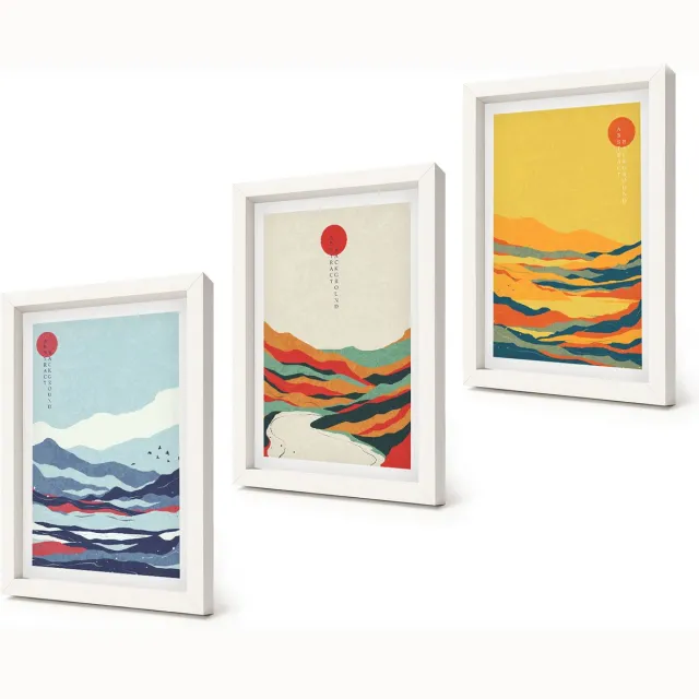 Coloray 3-Delige Schilderij Set - Kleurrijke abstracte berg- en rivierlandschappen - 20x30 - Stijlvolle Muurdecoratie - Kantoor Witte lijst