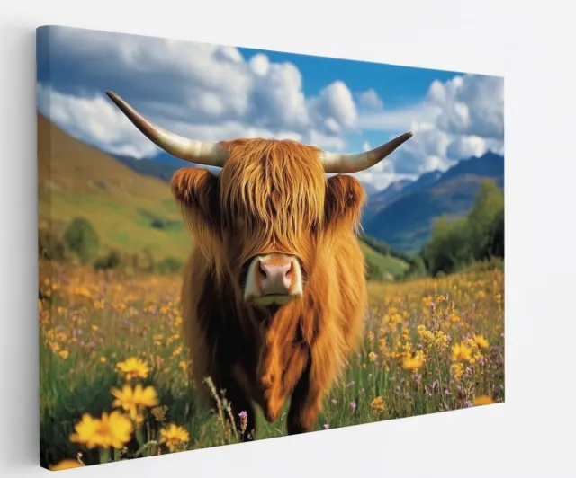 Saammp Canvas Schilderij - Schotse Hooglander Koe Tussen de Bloemen - Landschap - Dieren - Natuur - 50x40 - Foto op canvas - Wanddecoratie - muurdecoratie Woonkamer - Slaapkamer decoratie - Canvas Print Multicolor