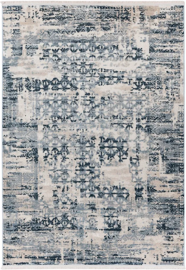 Padiro design laagpolig vloerkleed 120 x 170 cm - lichtblauw - modern abstract ontwerp - met franjes - voor vloerverwarming - van polypropyleen en katoen