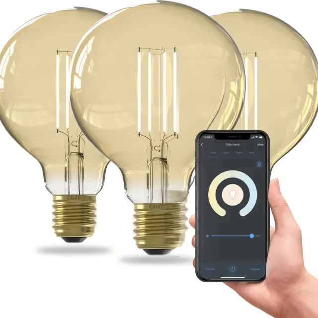 Calex Slimme LED Lamp G95 Filament Gold E27 - Set van 3 stuks - Wifi Verlichting - Globe 9.5cm - Smart Lichtbron Goud - 7W Dimbaar Warm Wit licht