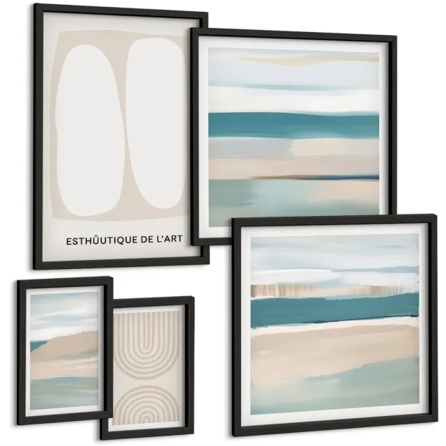 TULUP 4-Delige Schilderij Set - Abstracte composities in tinten van natuur en geometrie. - 50 x 50 cm, 20 x 30 cm en 40 x 60 cm - Stijlvolle Muurdecoratie - Slaapkamer - Woonkamer Decoratie Zwarte lijst