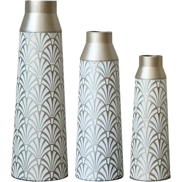 REDOM Vaas - 3-delige set - Halfhandgefertigd reliëf met waaierpatroon - Voor droogbloemen - Moderne stijl - Binnen - Metaal - Wit en Zilver - 43,5/51/61 cm