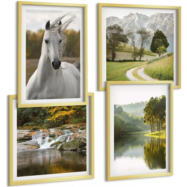 TULUP 4-Delige Schilderij Set - Witte paarden aan de rivier - Natuurlandschap - 40 x 40 cm en 40 x 60 cm - Schilderijen Set - Wanddecoratie - Woonkamer - Stijlvolle Muurdecoratie Gouden lijst