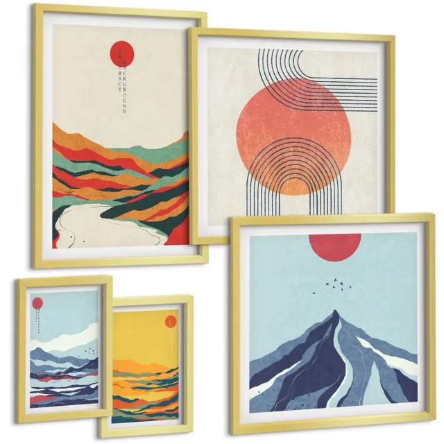 Coloray 5-Delige Schilderij Set - Abstracte Berglandschappen Met Geometrische Vormen - 50 x 50 cm, 20 x 30 cm En 40 x 60 cm - Decoratieve Schilderijen - Woonkamer - Interieur - Stijlvolle Muurdecoratie Gouden lijst