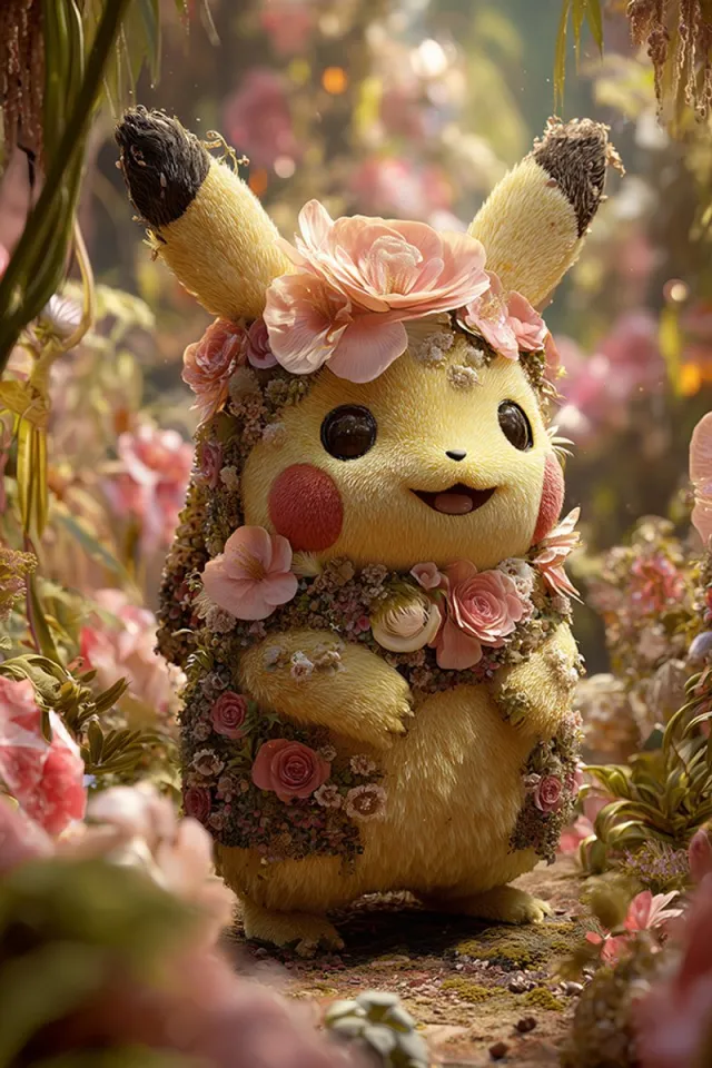 Moooi Gemaakt Poster - Pickachu in bloemenjas - 90x60 cm roze