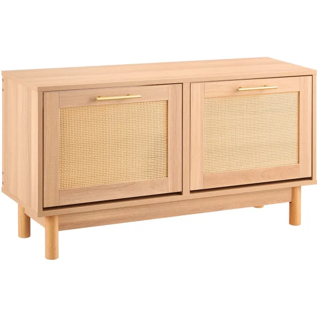 Vevor Schoenenrekbank (100 x 30 x 53 cm), rotanachtige halbank met 2 uitklapbare lades, schoenenrek met 4 compartimenten en 2 rotandeuren (draagvermogen 136 kg), voor hal, woonkamer, slaapkamer Natuurlijke houtkleur