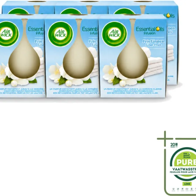 Air Wick 6 x Air Wick – Geurkaars – Fris Linnen met Essentiële Oliën – 105 g - Grootverpakking - Vaatwasstrips - Geurkaars - Fris Linnen - Essentiële Oliën - Sfeer In Huis - Warme Sfeer Wit