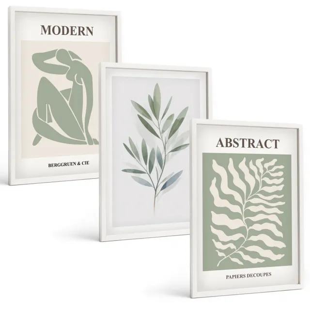 TULUP 3-Delige Schilderij Set - Matisse Design Aquarel Boho Planten - 40x60 - Decoratieve Muurdecoratie - Slaapkamer - Wanddecoratie Witte lijst