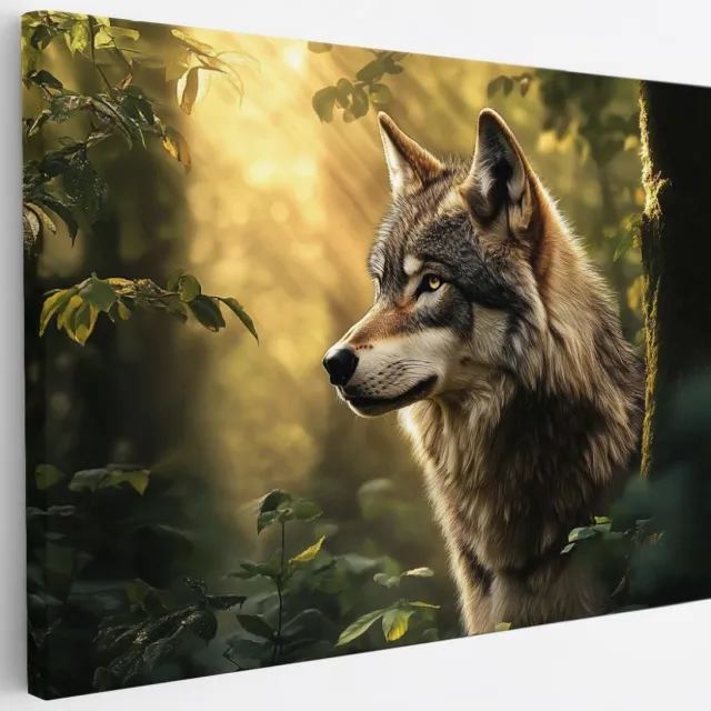 Saammp Canvas Schilderij - Wolf tussen de hoge bomen - Natuur - Landschap - 30x20 - Foto op canvas - Wanddecoratie - Muurdecoratie Woonkamer - Slaapkamer decoratie - Canvas Print Multicolor