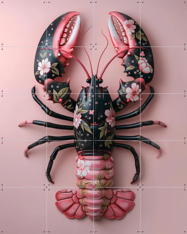IXXI Pink Black Flower Lobster, OTTI - 80 x 100 cm - Grote wanddecoratie en posters - Gemengde Technieken, Surrealisme, Woonkamer, Eetkamer Roze