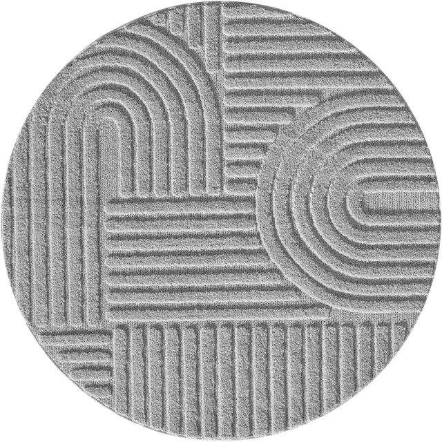 Moonay Kiyaro Lino Vloerkleed Grijs 200 cm rond - Japandi Scandinavisch - Geometrisch 3D Reliëf - Hoog- en Laagpolig