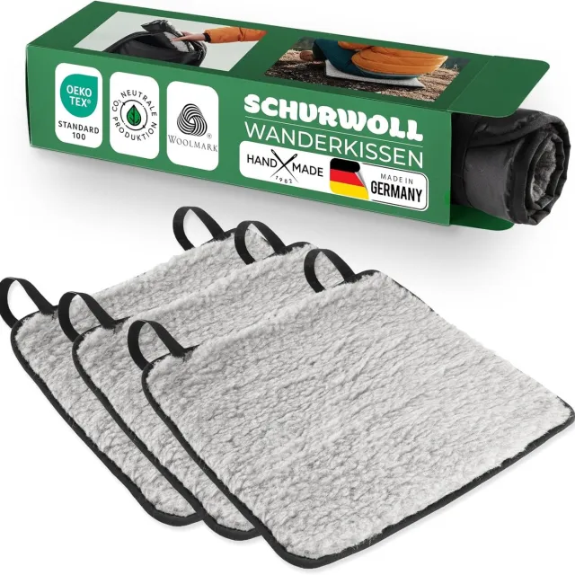 Novaliv 3-delige set trekkingzitkussens, 38 x 38 cm, grijs, wandelzitkussen van wol, waterafstotende polyamide achterkant, warm thermisch zitkussen, compact & lichtgewicht - voor wandelen, hutten, parkbanken