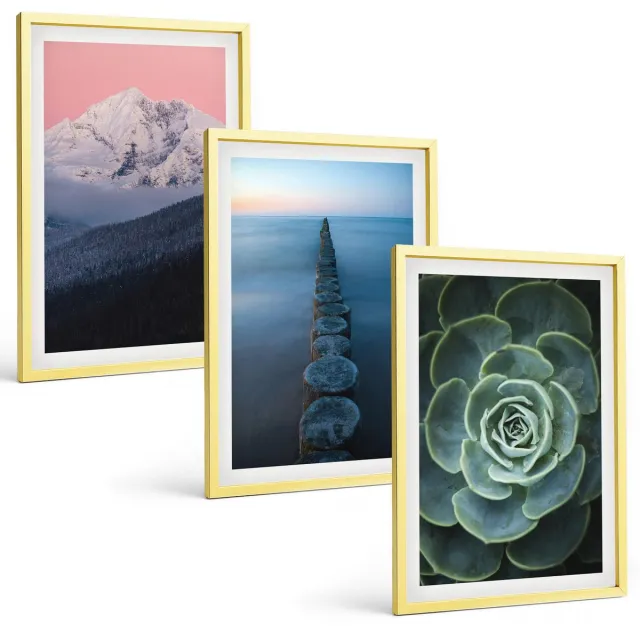 TULUP 4-Delige Schilderij Set - Bergen met roze lucht, water en groene vetplanten - 40 x 60 cm - Wanddecoratie - Muurdecoratie - Woonkamer Gouden lijst