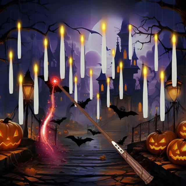 JIMUYU Magische Zwevende LED Kaarsen Met Toverstaf Afstandsbediening – 10 Stuks Flikkerende Vlamloze Kaarsen En Ophangkoord – Voor Halloween Decoratie En Kerstversiering – Warm Wit Licht