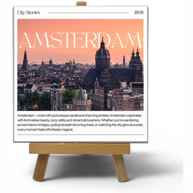 NewCity Geschikt voor Keramisch cadeau tegel Amsterdam - Spreuktegel Amsterdam - Cadeau idee - 11 x 11 cm - Inclusief standaard meerkleurig