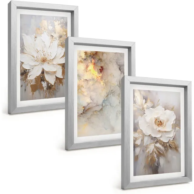 TULUP 4-Delige Schilderij Set - Bloemen op een lichte achtergrond met abstracte patronen. - 20 x 30 cm - Stijlvolle Muurdecoratie - Kantoor Zilveren lijst