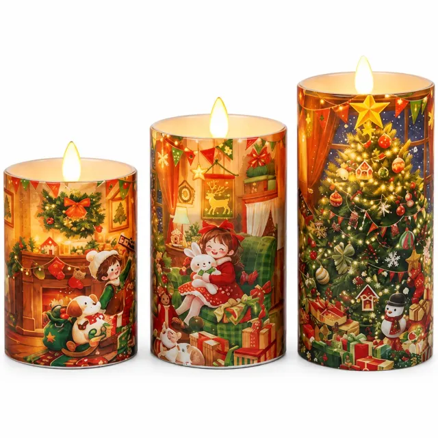 SWGOTA led kaarsen voor Kerstmis, set van 3 met verschillende hoogtes, kerstillustraties en vlamvormige lichtbron, zonder batterijen Blauw