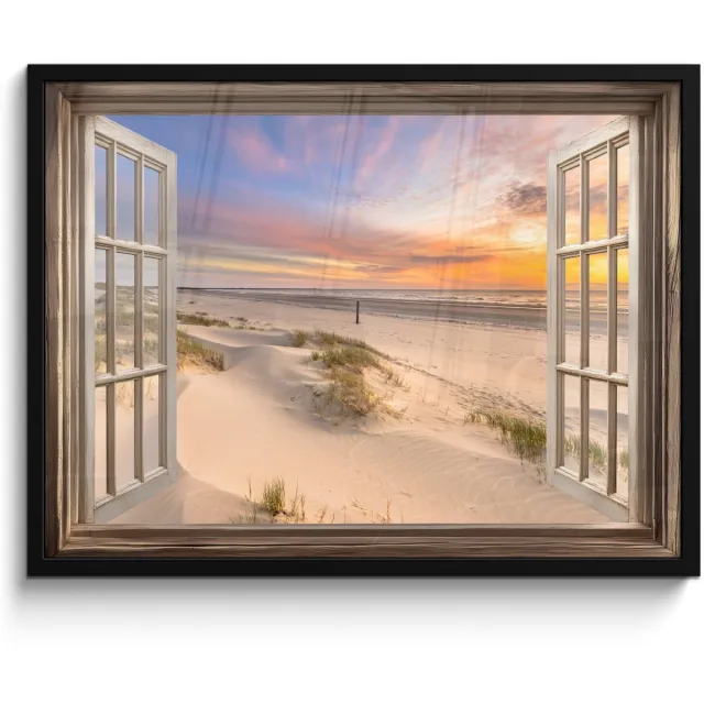 FrameYourWall Poster in lijst - Fotolijst 70x50 cm - Posters - Doorkijk - Strand - Duinen - Natuur - Landschap - Posterlijst zwart - Decoratie - Wanddecoratie woonkamer - Muurdecoratie slaapkamer Zonsondergang - Strand