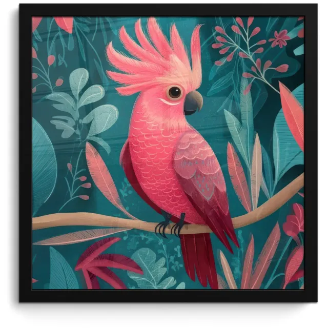 FrameYourWall Poster in lijst - Fotolijst 40x40 cm - Posters - Kaketoe - Tropische bladeren - Tak - Posterlijst zwart - Decoratie - Wanddecoratie woonkamer - Muurdecoratie slaapkamer