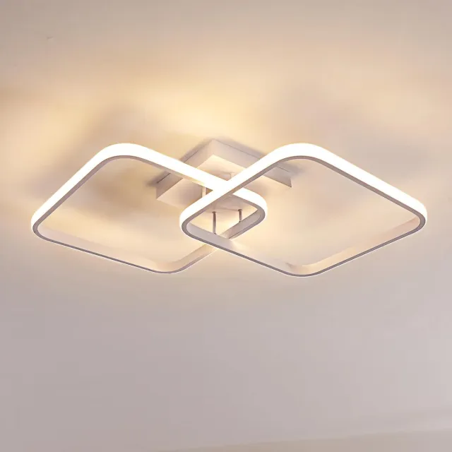 Haobosic Moderne LED-plafondlamp, plafondlamp met 2 vierkante vlammen, 50W 5600LM, 3000K warm licht, acryl LED-plafondlamp voor slaapkamer, woonkamer, wit 69CM White