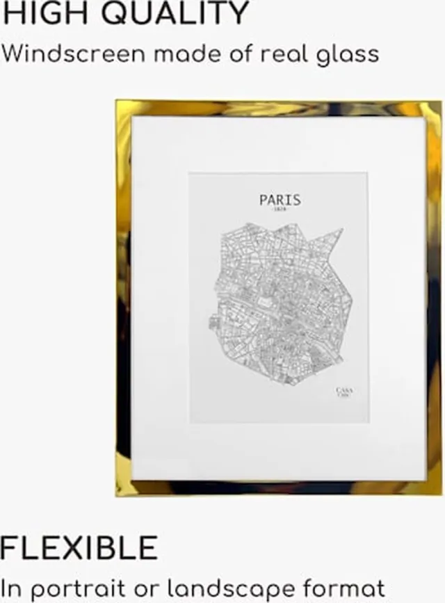 Casa Chic Fotolijst met passe-partout, 27x22cm fotolijst voor oorkonde & collage, Glazen fotolijst, Staand/wandmontage, Verticaal/horizontaal gebruik, Metalen fotolijst Antiek Gold Metallic