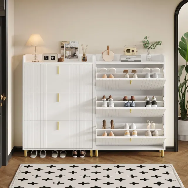 OKWISH Schoenenkast Set – 2x 3 Kleppen – Verstelbare Planken – Anti-Kantelbeveiliging – MDF Wit Met Gouden Poten En Handgrepen – 80x23x123,5 cm