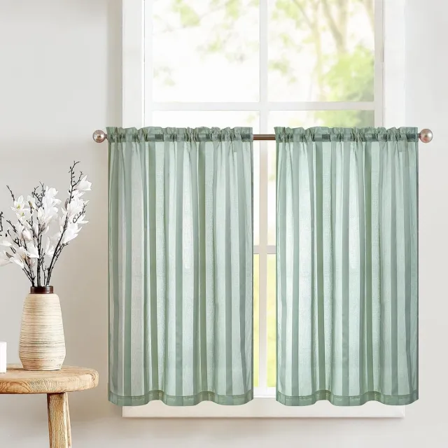 Ibenzoa Transparante Voile Gordijnset met Trekkoorden – Blauwgroene Strepen, 90 x 60 cm (B x H), Set van 2