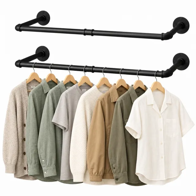 Unho Kledingroede – Kledingrek voor Wandmontage – Set van 2 – Industrieel Zwart – 92 cm per Stuk – Inclusief 4 Haken