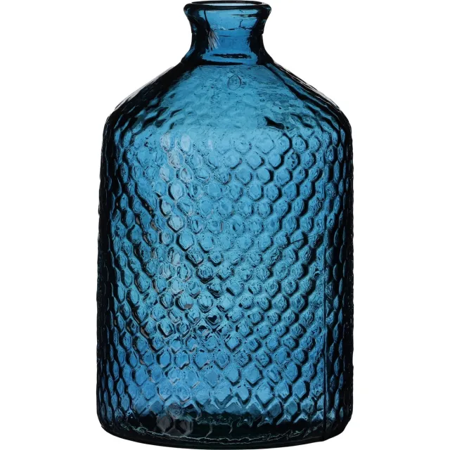 Natural Living Bloemenvaas Scubs Bottle - blauw geschubt transparant - glas - 18 x 31 cm - Fles vazen