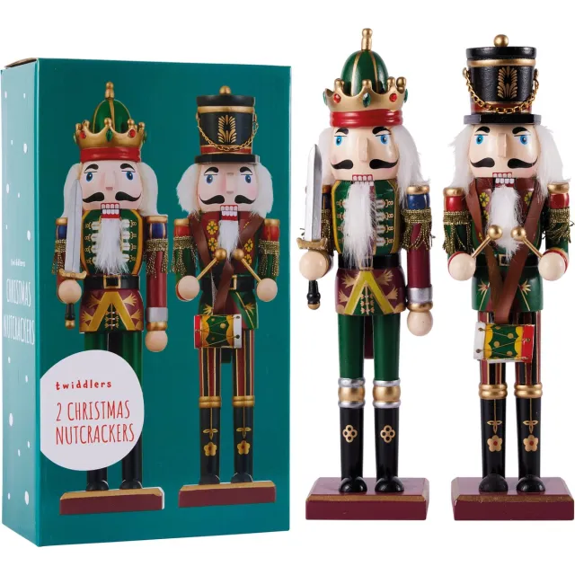 The Twiddlers 2 Houten Notenkraker Kerstdecoratie Beeld, 30cm - Kerst Notenkraker Soldaat en Koning (Groen)