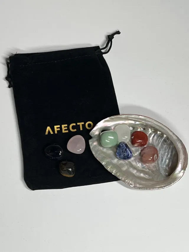 Afecto zakje met 8 edelstenen + Abalone schelp - Tijgeroog - Aventurijn - Rozenkwarts - Rode Agaat - Helder kwarts - Sodaliet - Rode Jaspis - Shungiet edelstenen incl. Abalone schelp