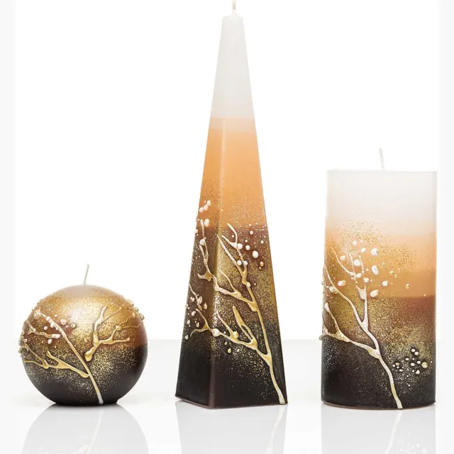 Jakelis Kaarsen - Set - Handgeschilderd - tak met sneeuw bruin - beige - wit