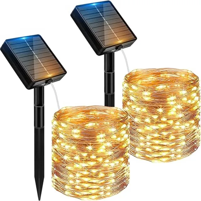 FluxGoods kerstverlichting buiten met zonnepaneel – 2 draadlampjes van 12 meter (24m totaal) – 8 lichtstanden – Tuin- & feestverlichting – Waterdicht IP65