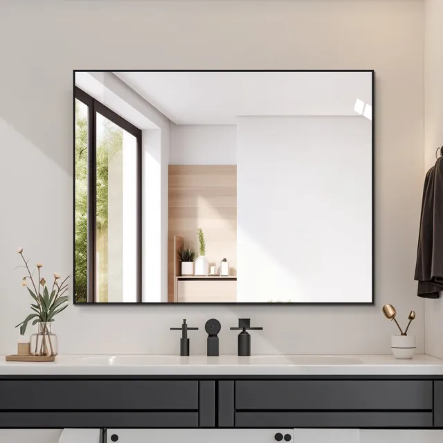 MODENUIT Badkamerspiegel 90 x 70 cm – Zwart Aluminium Frame – Rechthoek – Wandspiegel – Horizontaal en Verticaal Black