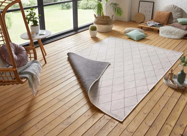 Tapeso Design binnen & buiten loper ruiten Daisy - grijs/crème 80x250