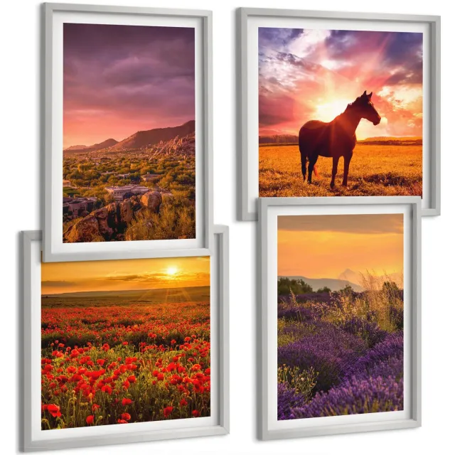 TULUP 4-Delige Schilderij Set - Berglandschappen met paarden en lavendelvelden - 40 x 40 cm en 40 x 60 cm - Wanddecoratie - Muurdecoratie - Moderne Interieurdecoratie Zilveren lijst
