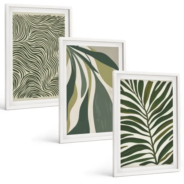 Coloray 3-Delige Schilderij Set - Bladpatronen En Golvende Lijnen In Groene Tinten - 40 x 60 - Wanddecoratie - Schilderijen Set - Kantoor - Interieur Decoratie Witte lijst