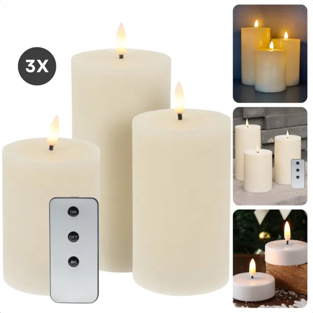 Cheqo Oplaadbare LED Kaarsen met Bewegende Vlam - 3-Delig - Witte Wax - Met Afstandsbediening en Timer - Nep Kaarsen met Flikkerende Vlam - Dinerkaarsen