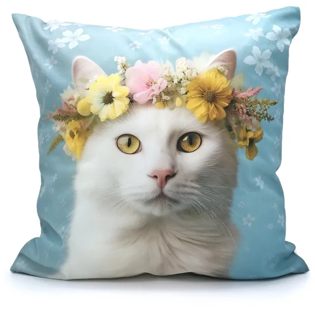 Woontante Sierkussen Kat - Kat Kussenhoes - Kat met Bloemenkroon - 45x45 cm - Blauw Lichtblauw