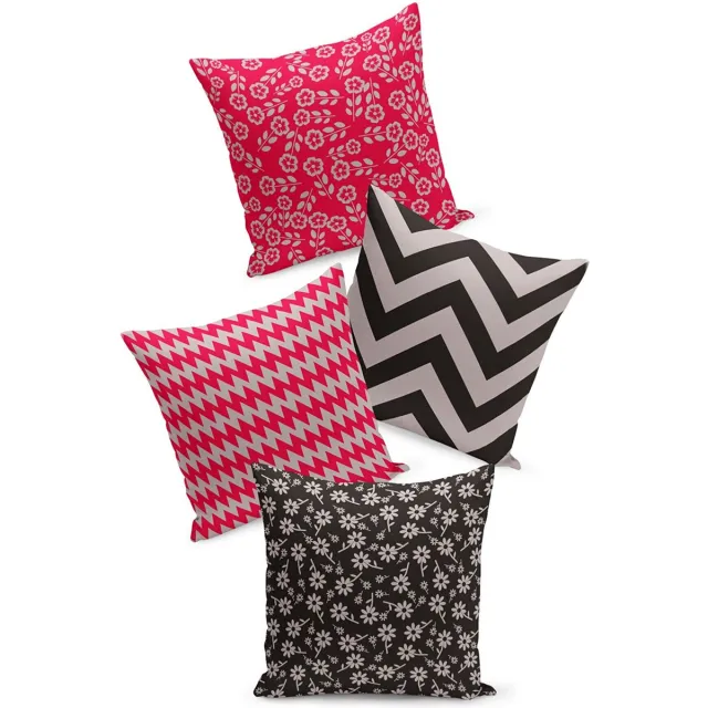 Kate Louise Sierkussens set 4 stuks - INCLUSIEF BINNENKUSSENS 45x45 cm - roze - zwart wit - gestreept - gebloemd - dubbelzijdig bedrukt - kussensloop - kussens woonkamer - kussenhoes