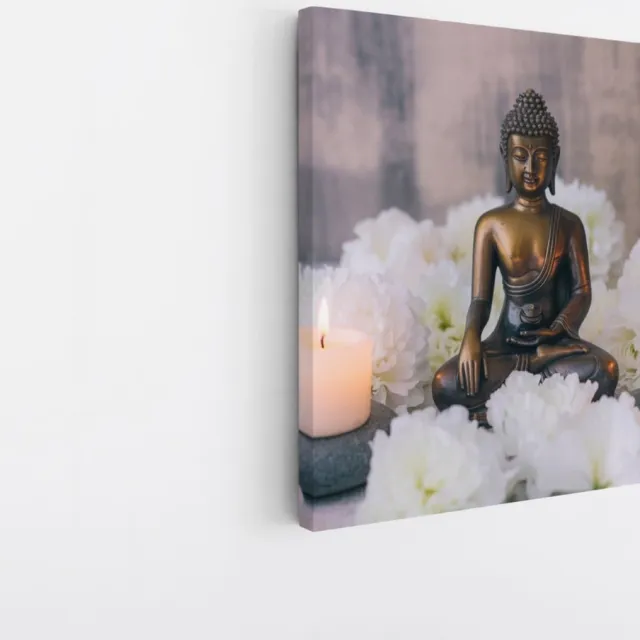 Saammp Canvas Schilderij - Boeddha bij kaarsjes - 30x30 - Foto op canvas - Wanddecoratie - Muurdecoratie Woonkamer - Canvas schilderijen Multicolor