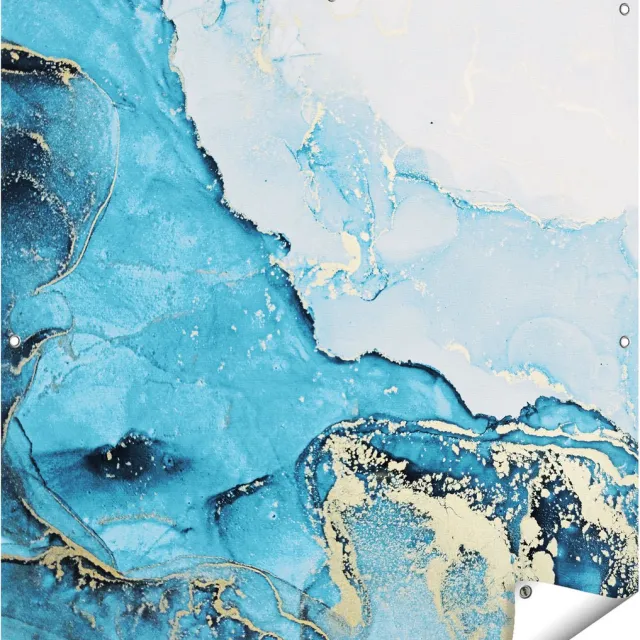 Gards Tuinposter Abstracte Kunst van Blauwe Marmer met Goud - 100x100 cm - Tuindoek - Tuindecoratie - Wanddecoratie buiten - Tuinschilderij Multikleur