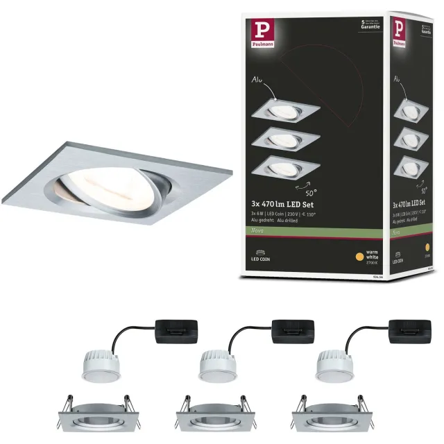 Paulmann LED-inbouwlamp Nova Coin Set van 3 zwenkbaar hoekig 84x84 mm 50° Coin 3x6W 3x470lm 230V 2700K Alu gedraaid