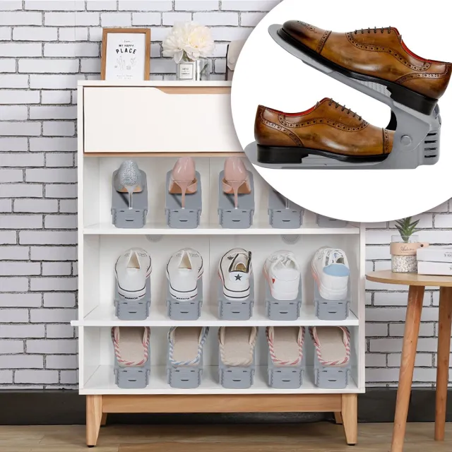 Froadp 30 stuks verstelbare schoenenrek set schoenenstapelaar schoenenhouder antislip schoenenorganizer 3 in hoogte verstelbaar, kunststof - grijs