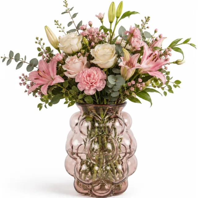 Bellatio Design Bloemenvaas Bubbles - transparant roze glas - D21 x H30 cm - vazen Lichtroze