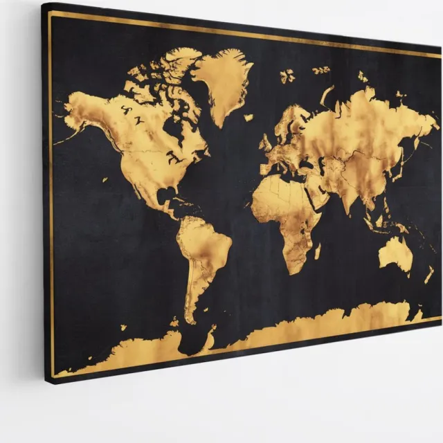 Saammp Canvas Schilderij - Goud - Wereldkaart - Steden - Landen - 100x75 - Foto op canvas - Wanddecoratie - muurdecoratie Woonkamer - Slaapkamer decoratie - Canvas Print Multicolor