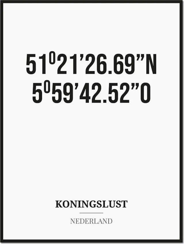 Studio216 Poster/kaart KONINGSLUST met coördinaten zwart, wit