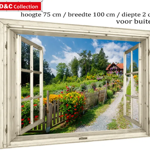 D&C Collection Buitenposter op frame - 75x100x2 cm - tuincanvas - doorkijk - wit venster -doorkijk - nostalgisch venster - idyllisch huis met bloemenveld - tuindecoratie - tuindoek - tuinposter blauw, groen