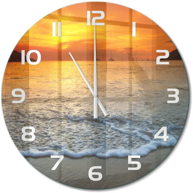 TULUP Wandklok - Zonsondergang Zee Gekleurde Glazen Klok - fi60 cm - Oranje Glazen Klok Met Print - Witte handen - Ronde Klok - Moderne Wandklok Glas - Wandklok Glas Decoratie